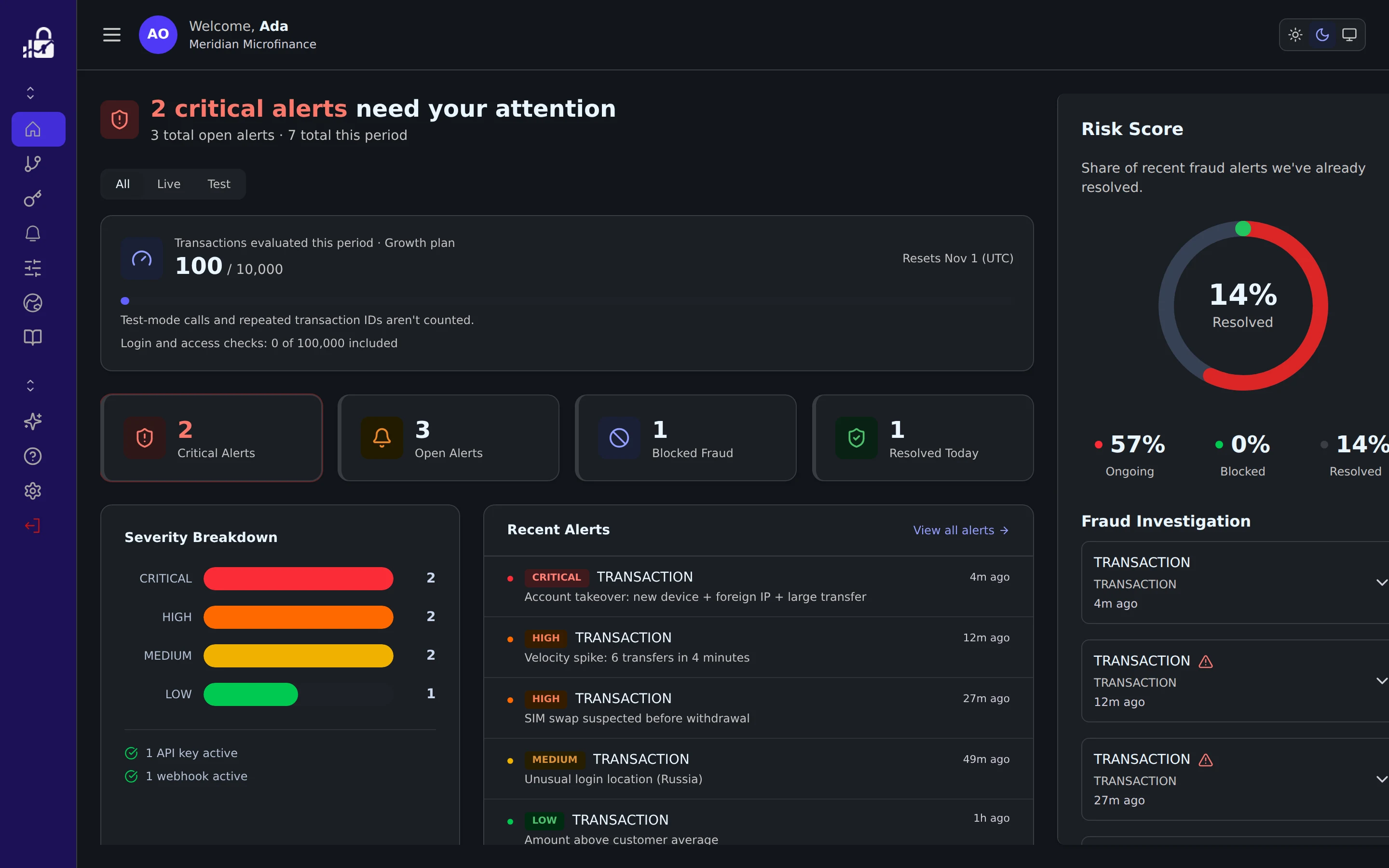 The ArcheaOne dashboard in dark mode: critical alerts needing attention, transactions evaluated this month, a severity breakdown and the latest fraud alerts with how long ago each was raised.